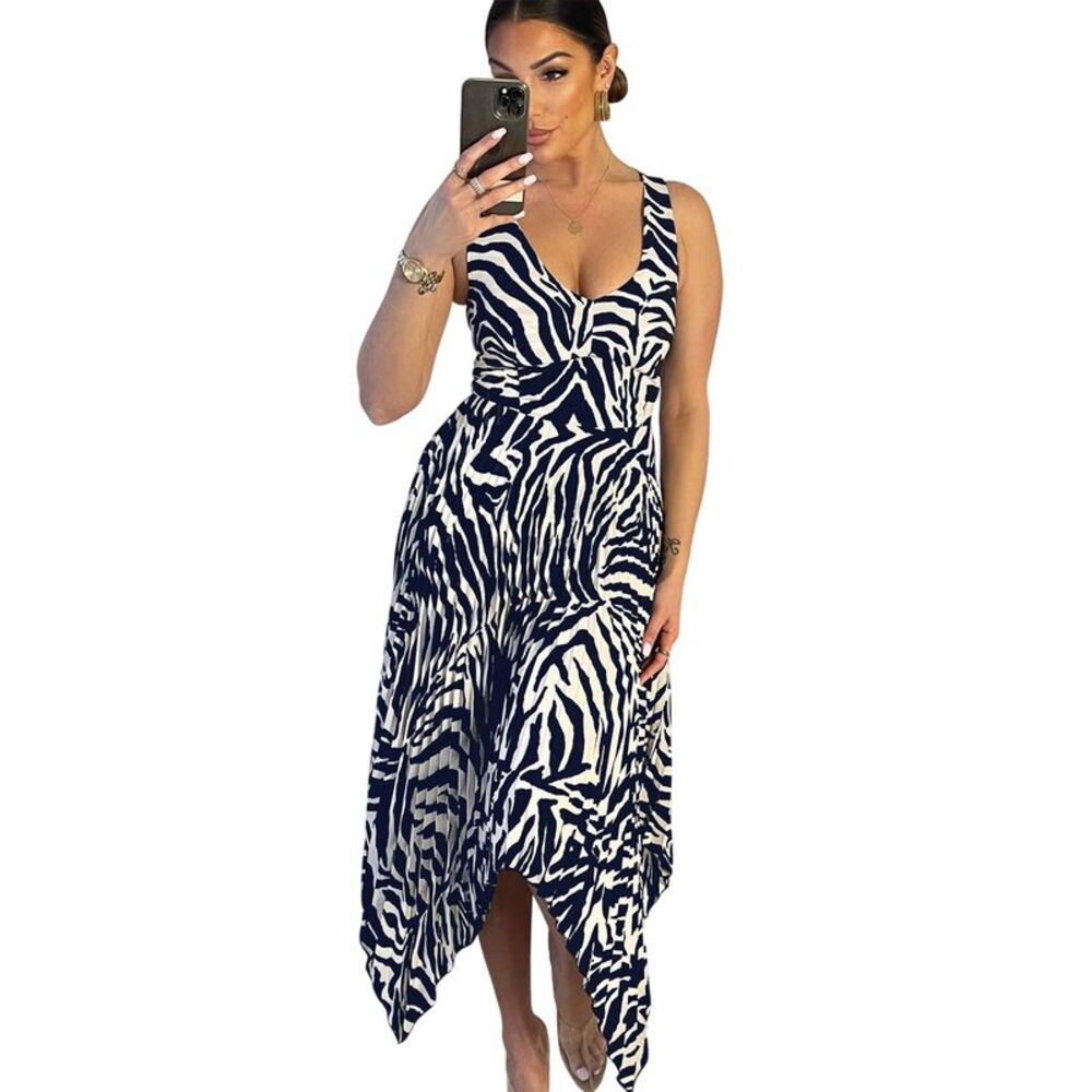 AX Paris Womens/Ladies Zebra Print Pleated Midi Dress / Navy/Cream